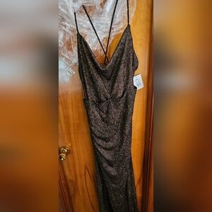 Bronze glitter cowl neck long dress with open back